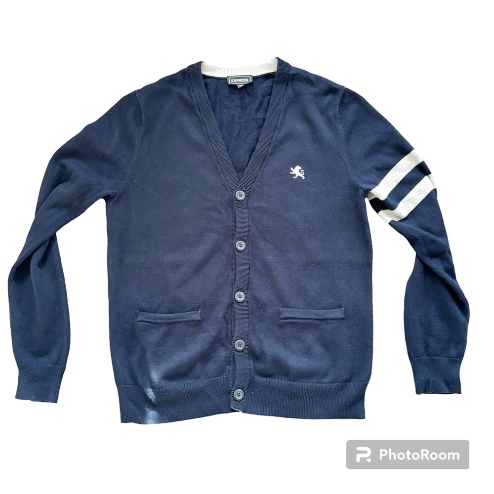 Express Men’s cardigan - navy blue - lightly worn - gray stripes